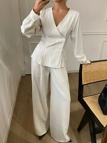 DAZY Solid Color Fitted Waist Asymmetrical V-Neck Long Sleeve Blouse And Straight Leg Pants Elegant Formal Spring Autumn 2 Pieces Set For Women Vacation - Apricot - View 5