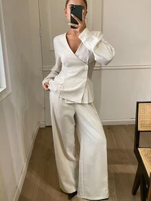 DAZY Solid Color Fitted Waist Asymmetrical V-Neck Long Sleeve Blouse And Straight Leg Pants Elegant Formal Spring Autumn 2 Pieces Set For Women Vacation - Apricot - View 4
