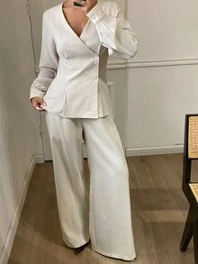 DAZY Solid Color Fitted Waist Asymmetrical V-Neck Long Sleeve Blouse And Straight Leg Pants Elegant Formal Spring Autumn 2 Pieces Set For Women Vacation - Apricot - View 2