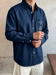 DAZY 男士純色休閒百搭日常穿著襯衫 秋季 - 藏蓝色 - 查看 3