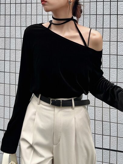 FRIFUL Women's Solid Color Asymmetrical Shoulder Casual Versatile Daily Long Sleeve T-Shirt Fall