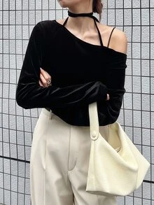 FRIFUL Women's Solid Color Asymmetrical Shoulder Casual Versatile Daily Long Sleeve T-Shirt Fall - Black - View 5