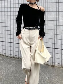FRIFUL Women's Solid Color Asymmetrical Shoulder Casual Versatile Daily Long Sleeve T-Shirt Fall - Black - View 4