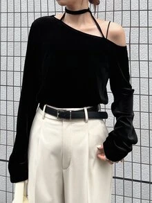 FRIFUL Women's Solid Color Asymmetrical Shoulder Casual Versatile Daily Long Sleeve T-Shirt Fall - Black - View 6