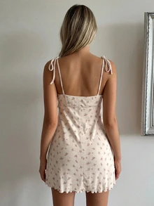 Livesso 女款碎花荷葉邊蝴蝶結肩帶睡裙 - 卡其色 - 查看 2