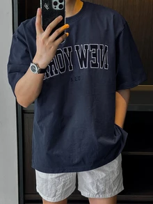 DAZY Men's Summer Letter Print Round Neck Short Sleeve Casual T-Shirt Graphic Tees Men - Navy Blue - View 2