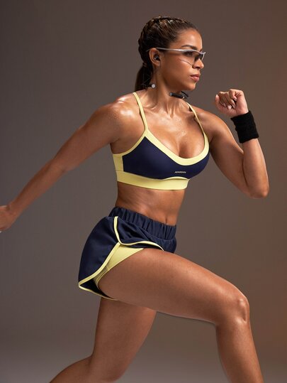 Powerista Women's Colorblock Spaghetti Strap Bra And Shorts Casual Daily Sports Set Going Out Training Daily Wear Workout Navy Yellow Running Fitness Running