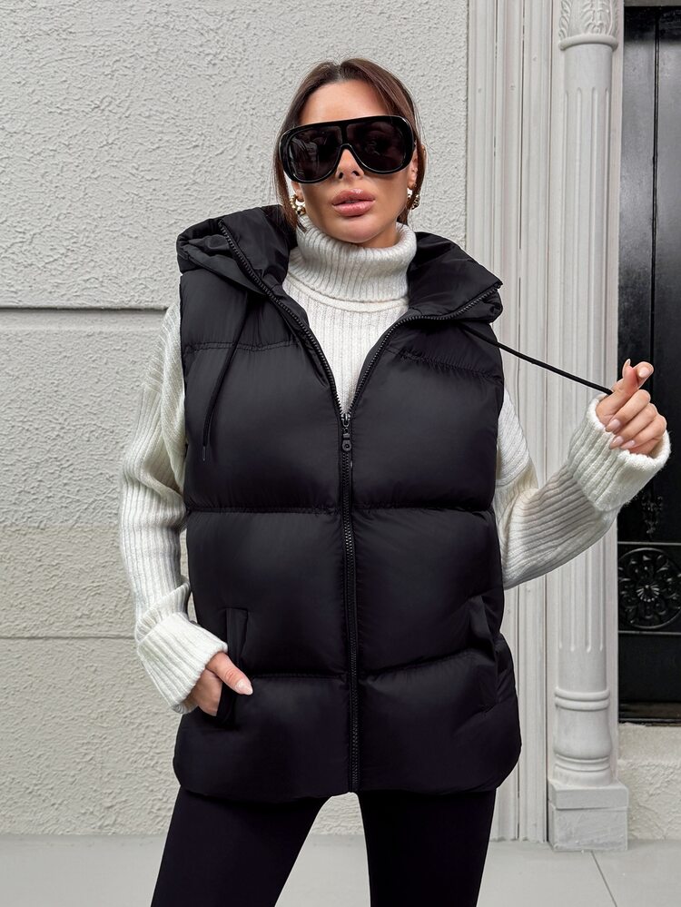 SHEIN Women Zipper And Pocket Detailed Regular Fit Vests Road Trip Going Out Everyday Black Autumn Athleisure Streetwear Casual - Black - View 7