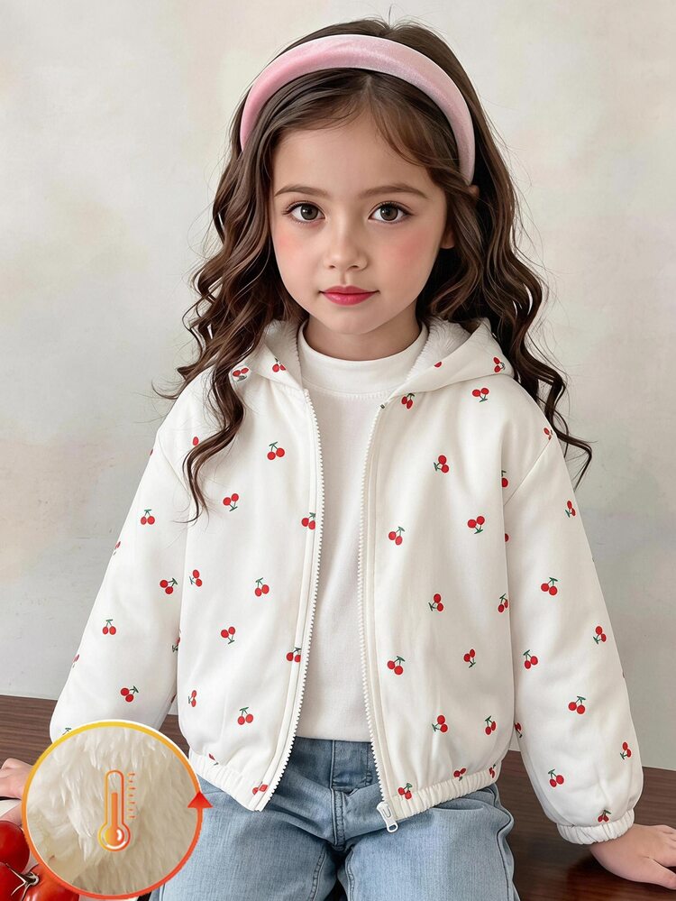 SHEIN Young Girl Yong Girl Cute Cherry Fruit Pattern Zipper Hoodie Jacket, Autumn/Winter Style. Elegant And Cute, Suitable For Play, Daily Wear, School, Autumn/Winter Season - Multicolor - View 1