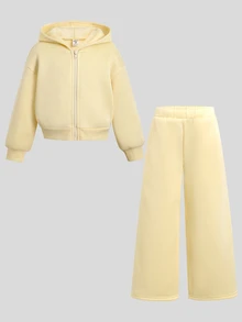 Young Girl Casual Light Kids Yellow Thermal Lined Knit Hooded Autumn Sweatshirt And Ruched Sweatpants Set - Yellow - View 6