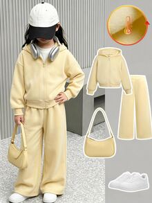 Young Girl Casual Light Kids Yellow Thermal Lined Knit Hooded Autumn Sweatshirt And Ruched Sweatpants Set - Yellow - View 2