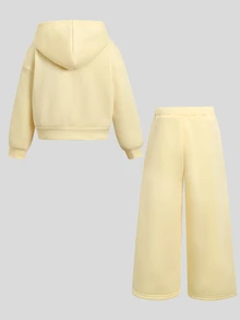 Young Girl Casual Light Kids Yellow Thermal Lined Knit Hooded Autumn Sweatshirt And Ruched Sweatpants Set - Yellow - View 7