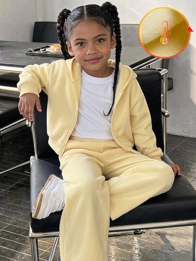Young Girl Casual Light Kids Yellow Thermal Lined Knit Hooded Autumn Sweatshirt And Ruched Sweatpants Set