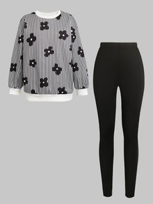 Kids Tween Girl Cute Floral & Striped Pattern Sweatshirt + Black Elastic Waist Long Pants Set, Winter Fall Outfit, Back To School - Black - View 4