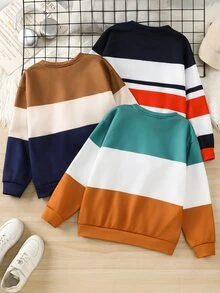 SHEIN 3件組買2送1兒童青少年男孩休閒圓領套頭運動衫，紅色運動衫、藍色運動衫、卡其色運動衫，男孩套裝，適合秋季、學校、運動、秋季穿搭、冬季穿搭 - 彩色 - 查看 6