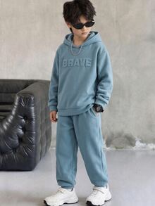 SHEIN 兒童青少年男孩休閒運動百搭舒適壓紋素色霧藍色連帽衛衣與針織運動長褲2件套，適合通勤、上學、日常休閒穿著、外出、運動，秋冬款 - 霧霾藍 - 查看 6