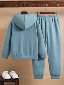 SHEIN 兒童青少年男孩休閒運動百搭舒適壓紋素色霧藍色連帽衛衣與針織運動長褲2件套，適合通勤、上學、日常休閒穿著、外出、運動，秋冬款 - 霧霾藍 - 查看 5