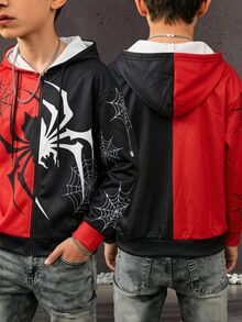 SHEIN 兒童青少年男孩休閒街頭蜘蛛網蜘蛛印花連帽前開襟長袖中磅針織外套 紅黑配色 適合通勤上學日常休閒度假旅行 適合運動 適合春夏秋冬季節 萬聖節 - 黑色 - 查看 4