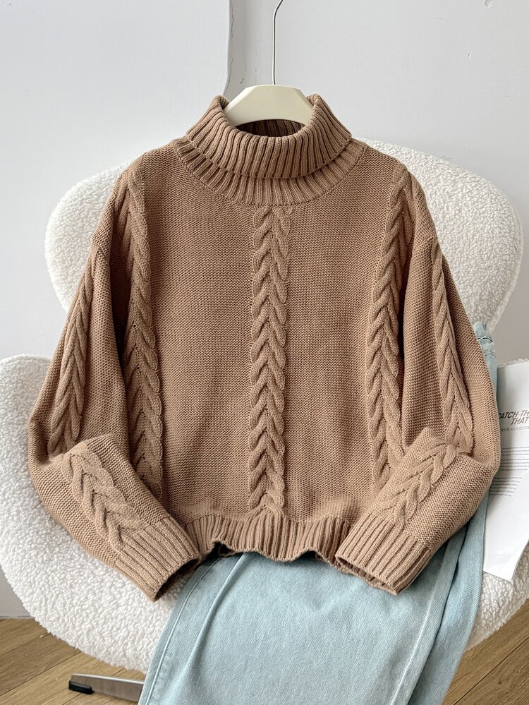 SHEIN Tween Girl High Neck Tween Girl Pullover Cable Knit Textured Loose Long Sleeve Sweater , Comfortable Sweater Fall/Winter - Brown - View 5