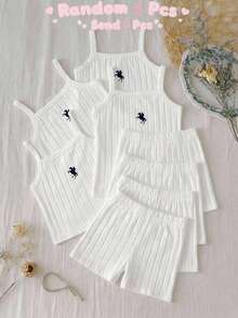 SHEIN Young Girls Young Girl Ribbed Embroidered Pony Logo Spring/Summer Camisole & Shorts Solid Color Multi-Color Camisole & Leggings 2 Pieces Set Underwear Set All Season - White - View 5