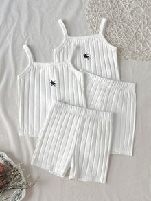 SHEIN Young Girls Young Girl Ribbed Embroidered Pony Logo Spring/Summer Camisole & Shorts Solid Color Multi-Color Camisole & Leggings 2 Pieces Set Underwear Set All Season - White - View 1