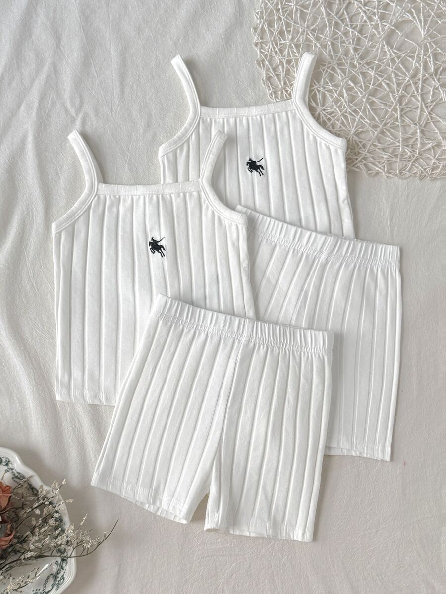 SHEIN Young Girls Young Girl Ribbed Embroidered Pony Logo Spring/Summer Camisole & Shorts Solid Color Multi-Color Camisole & Leggings 2 Pieces Set Underwear Set All Season - White - View 1