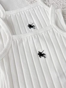SHEIN Young Girls Young Girl Ribbed Embroidered Pony Logo Spring/Summer Camisole & Shorts Solid Color Multi-Color Camisole & Leggings 2 Pieces Set Underwear Set All Season - White - View 3
