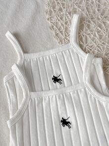 SHEIN Young Girls Young Girl Ribbed Embroidered Pony Logo Spring/Summer Camisole & Shorts Solid Color Multi-Color Camisole & Leggings 2 Pieces Set Underwear Set All Season - White - View 4