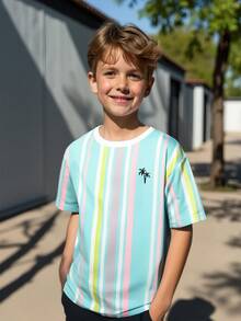 SHEIN Kids Tween Boy Printed Knit Short Sleeve Crew Neck T-Shirt, Suitable For Spring And Summer, Ideal For Daily Sports, School, Streetwear, Parties And Home Leisure - Multicolor - View 6