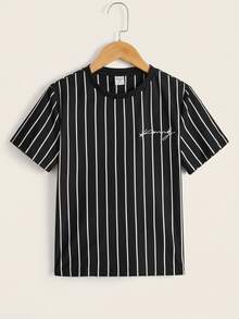 SHEIN Tween Boys' Black Casual Loose Striped Crew Neck Short Sleeve T-Shirt,Versatile For Commuting,School,Daily Wear,Sports,Suitable Spring/Summer - Black - View 8