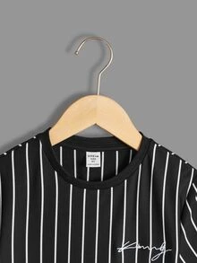 SHEIN Tween Boys' Black Casual Loose Striped Crew Neck Short Sleeve T-Shirt,Versatile For Commuting,School,Daily Wear,Sports,Suitable Spring/Summer - Black - View 5