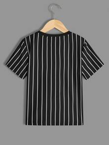 SHEIN Tween Boys' Black Casual Loose Striped Crew Neck Short Sleeve T-Shirt,Versatile For Commuting,School,Daily Wear,Sports,Suitable Spring/Summer - Black - View 3