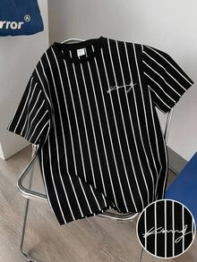SHEIN Tween Boys' Black Casual Loose Striped Crew Neck Short Sleeve T-Shirt,Versatile For Commuting,School,Daily Wear,Sports,Suitable Spring/Summer - Black - View 2
