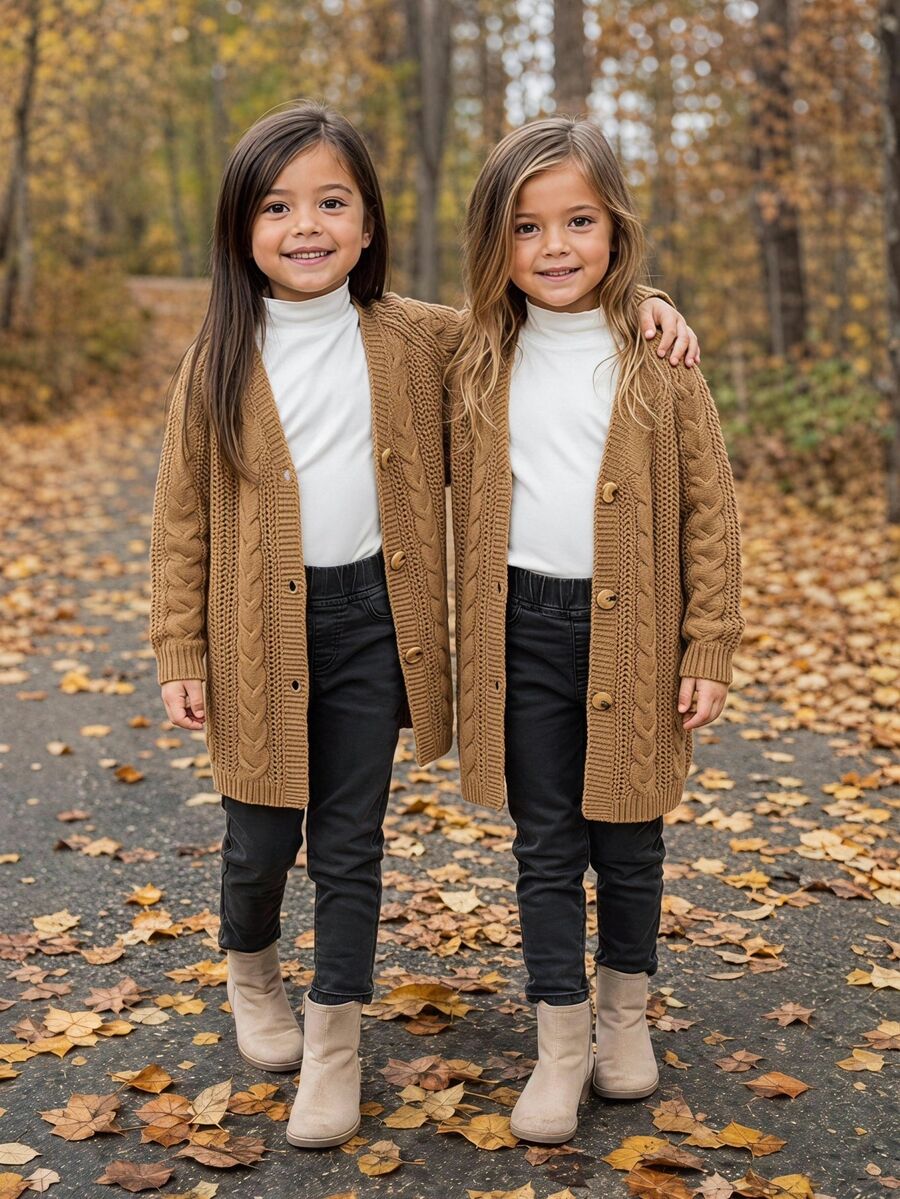 Emery Rose Kids Emery Rose Kids 女童小女孩返校季麻花編織針織背心,白色襯衫搭配,秋冬上衣 - 卡其色 - 查看 1
