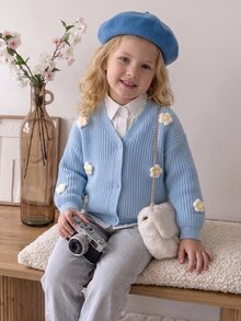 Emery Rose Kids Emery Rose Kids 女童條紋多色V領休閒可愛花卉3D針織冬季開襟毛衣外套秋季服飾 - 藍色 - 查看 4