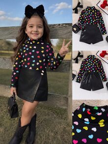 Emery Rose Kids Emery Rose Kids Young Girl 心形印花立領上衣與裙褲套裝，可愛優雅休閒度假穿搭 - 白色 - 查看 9