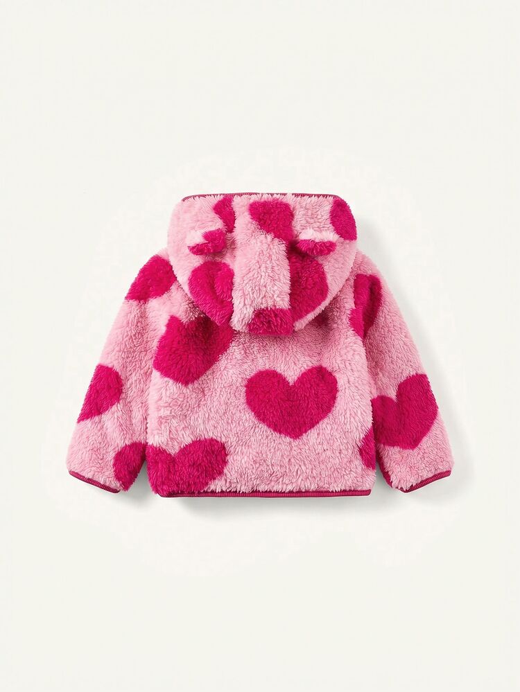 SHEIN Baby Girl Cute Autumn/Winter Heart Pattern Faux Fur Long Sleeve Hooded Jacket And Pants 2 Pieces Set,Suitable For Autumn And Winter, Fashionable - Multicolor - View 3