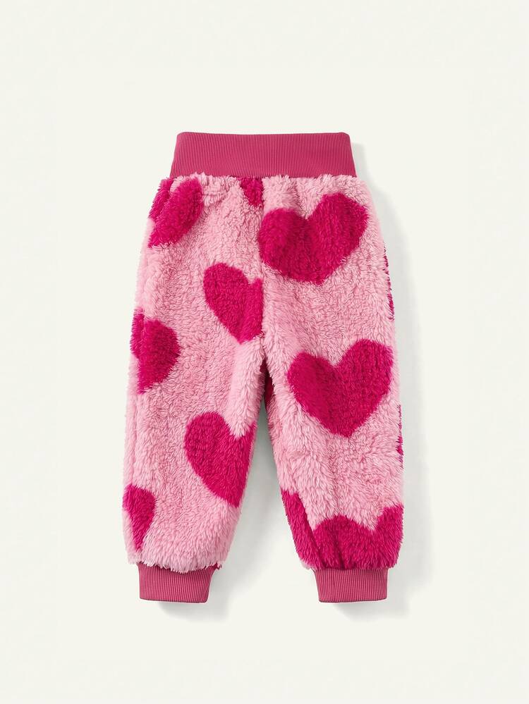 SHEIN Baby Girl Cute Autumn/Winter Heart Pattern Faux Fur Long Sleeve Hooded Jacket And Pants 2 Pieces Set,Suitable For Autumn And Winter, Fashionable - Multicolor - View 6