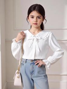 SHEIN LMoss Kids 女童編織素色彼得潘領蝴蝶結荷葉邊休閒襯衫 - 白色 - 查看 4