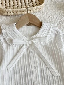 SHEIN LMoss Kids 女童編織素色彼得潘領蝴蝶結荷葉邊休閒襯衫 - 白色 - 查看 3