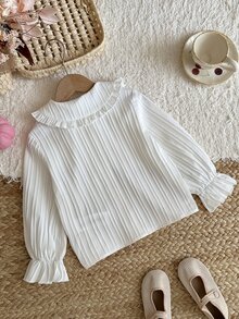 SHEIN LMoss Kids 女童編織素色彼得潘領蝴蝶結荷葉邊休閒襯衫 - 白色 - 查看 2