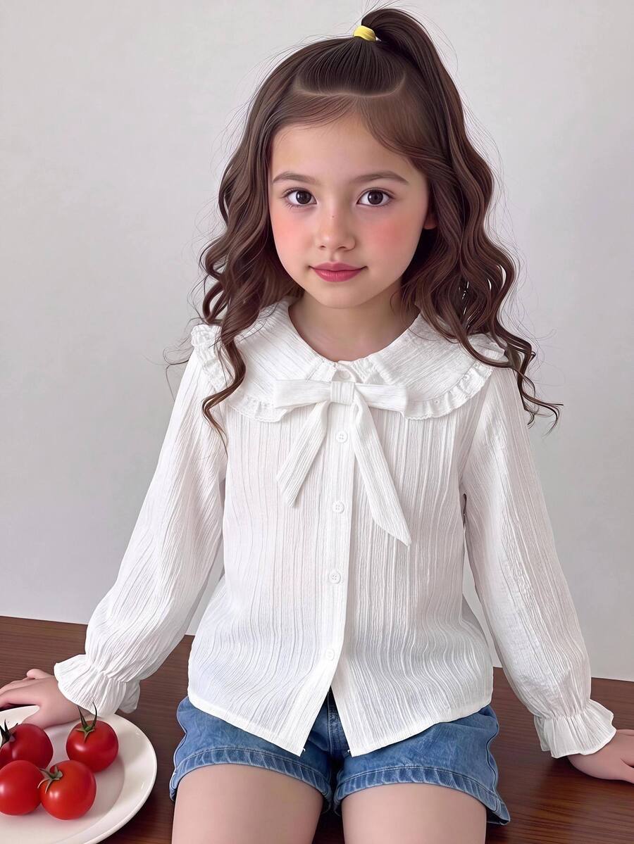 SHEIN LMoss Kids 女童編織素色彼得潘領蝴蝶結荷葉邊休閒襯衫 - 白色 - 查看 1