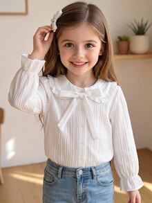 SHEIN LMoss Kids 女童編織素色彼得潘領蝴蝶結荷葉邊休閒襯衫 - 白色 - 查看 5