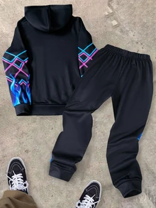 SHEIN 兒童 2 件組青少年男孩街頭塗鴉螢光英文字母連帽衛衣與運動長褲套裝，適合秋冬返校季節 - 彩色 - 查看 2