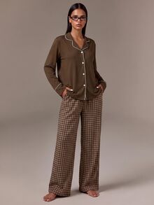 Athîral Doze Lane Women's Collared Button Decor Plaid Print Pajama Set, Winter Clothes - Coffee Brown - View 5