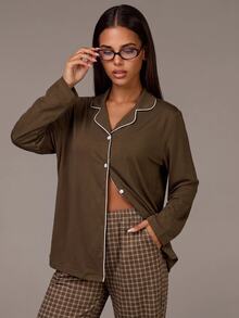 Athîral Doze Lane Women's Collared Button Decor Plaid Print Pajama Set, Winter Clothes - Coffee Brown - View 3
