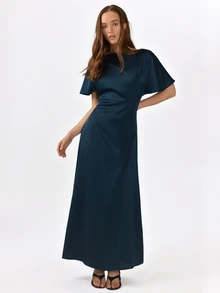 KÆRIA Hus Bias Cut Fluted Short Sleeve Maxi Dress - Dark Teal - Fluid Satin, Elegant, Minimalist, Evening, Party, Dinner, Night, Cocktail, Date, Classic - Navy Blue - View 1
