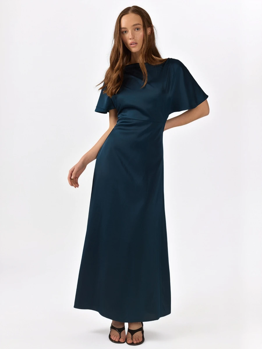 KÆRIA Hus Bias Cut Fluted Short Sleeve Maxi Dress - Dark Teal - Fluid Satin, Elegant, Minimalist, Evening, Party, Dinner, Night, Cocktail, Date, Classic - Navy Blue - View 1
