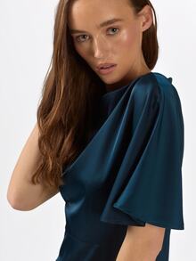 KÆRIA Hus Bias Cut Fluted Short Sleeve Maxi Dress - Dark Teal - Fluid Satin, Elegant, Minimalist, Evening, Party, Dinner, Night, Cocktail, Date, Classic - Navy Blue - View 7