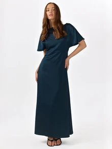 KÆRIA Hus Bias Cut Fluted Short Sleeve Maxi Dress - Dark Teal - Fluid Satin, Elegant, Minimalist, Evening, Party, Dinner, Night, Cocktail, Date, Classic - Navy Blue - View 5